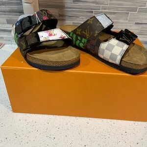 Custom Authentic LV Birkenstock Camouflage Sandals with Adjustable Straps
